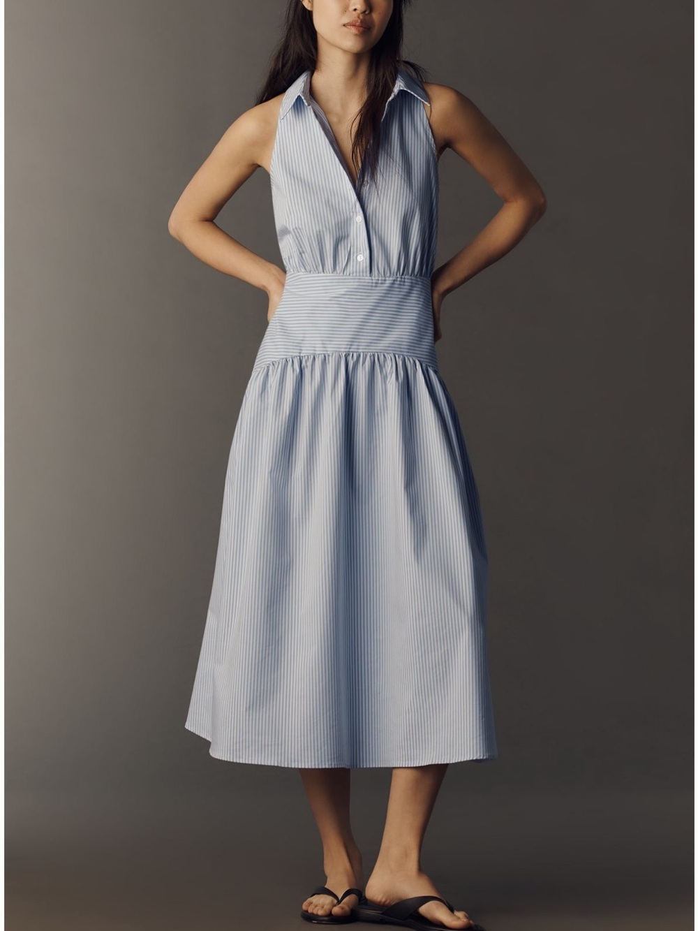 Sleeveless Sky-Blue Pinstripe Collared Midi Dress